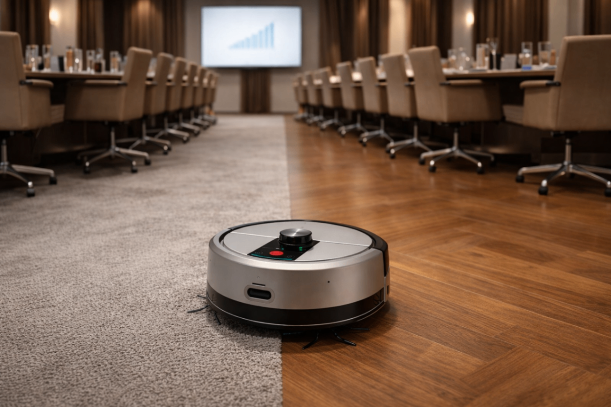 Reinigungsroboter RV3 im Konferenzraum – Teppich und Hartboden